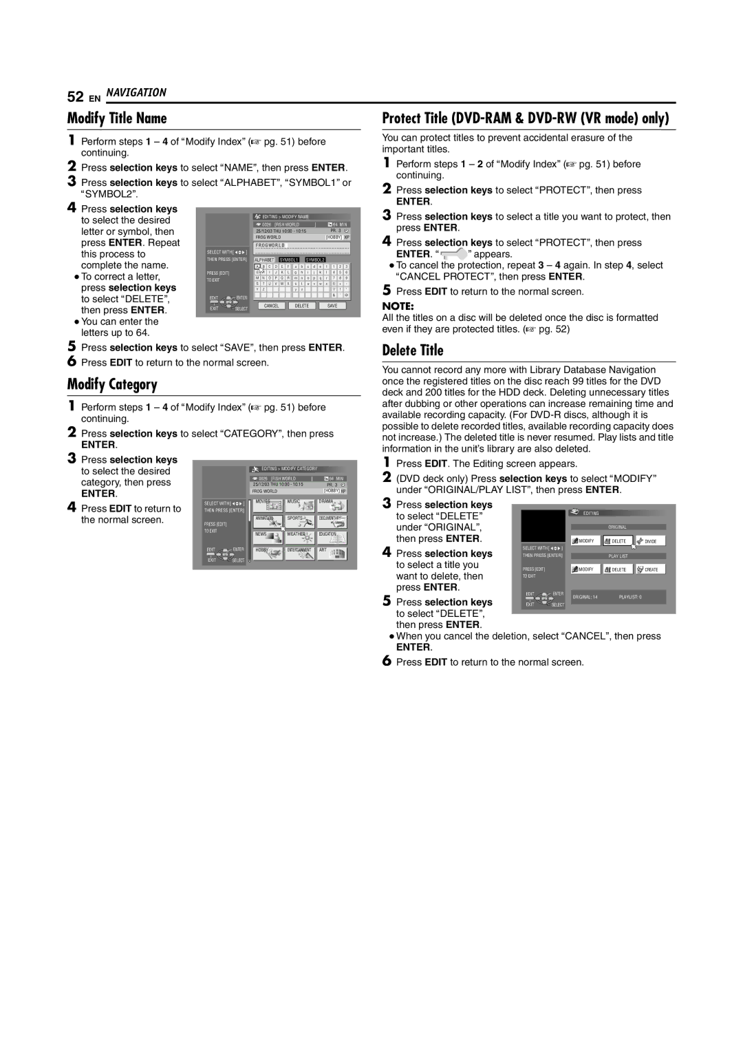 JVC DR-MH200SE manual Modify Title Name, Modify Category, Delete Title, ENTER. a 