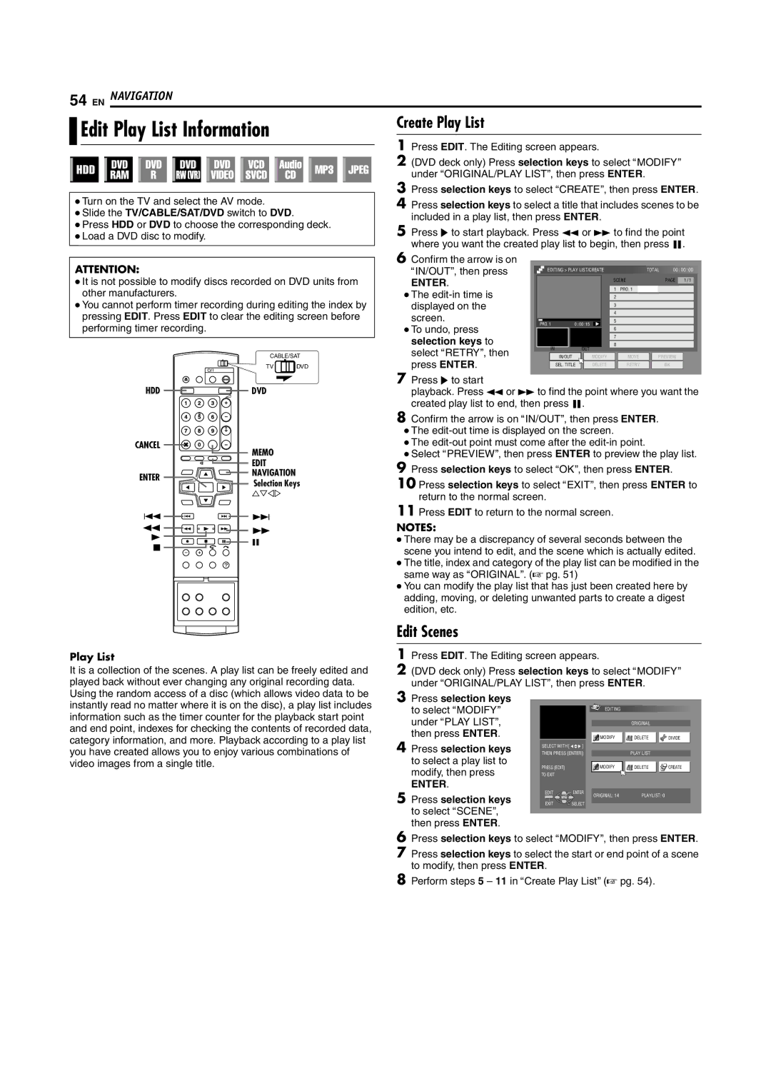 JVC DR-MH200SE manual Edit Play List Information, Create Play List, Edit Scenes 