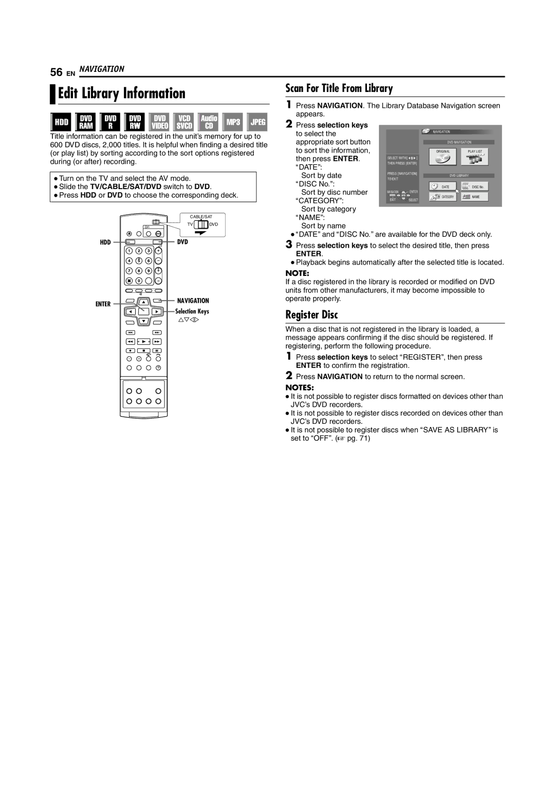 JVC DR-MH200SE manual Edit Library Information, Scan For Title From Library, Register Disc 