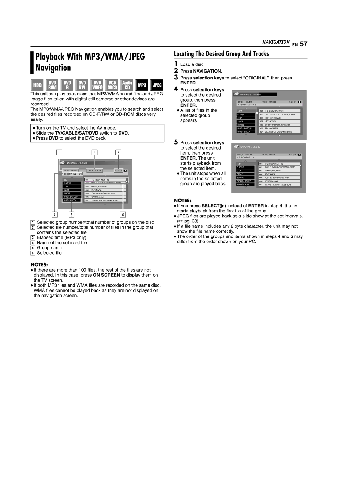 JVC DR-MH200SE manual Playback With MP3/WMA/JPEG, Locating The Desired Group And Tracks, Press Navigation 