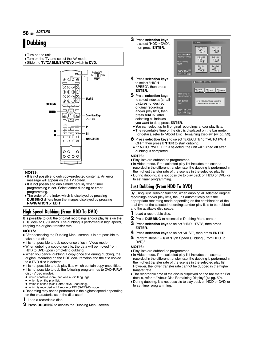 JVC DR-MH200SE manual High Speed Dubbing From HDD To DVD, Just Dubbing From HDD To DVD, Press selection 