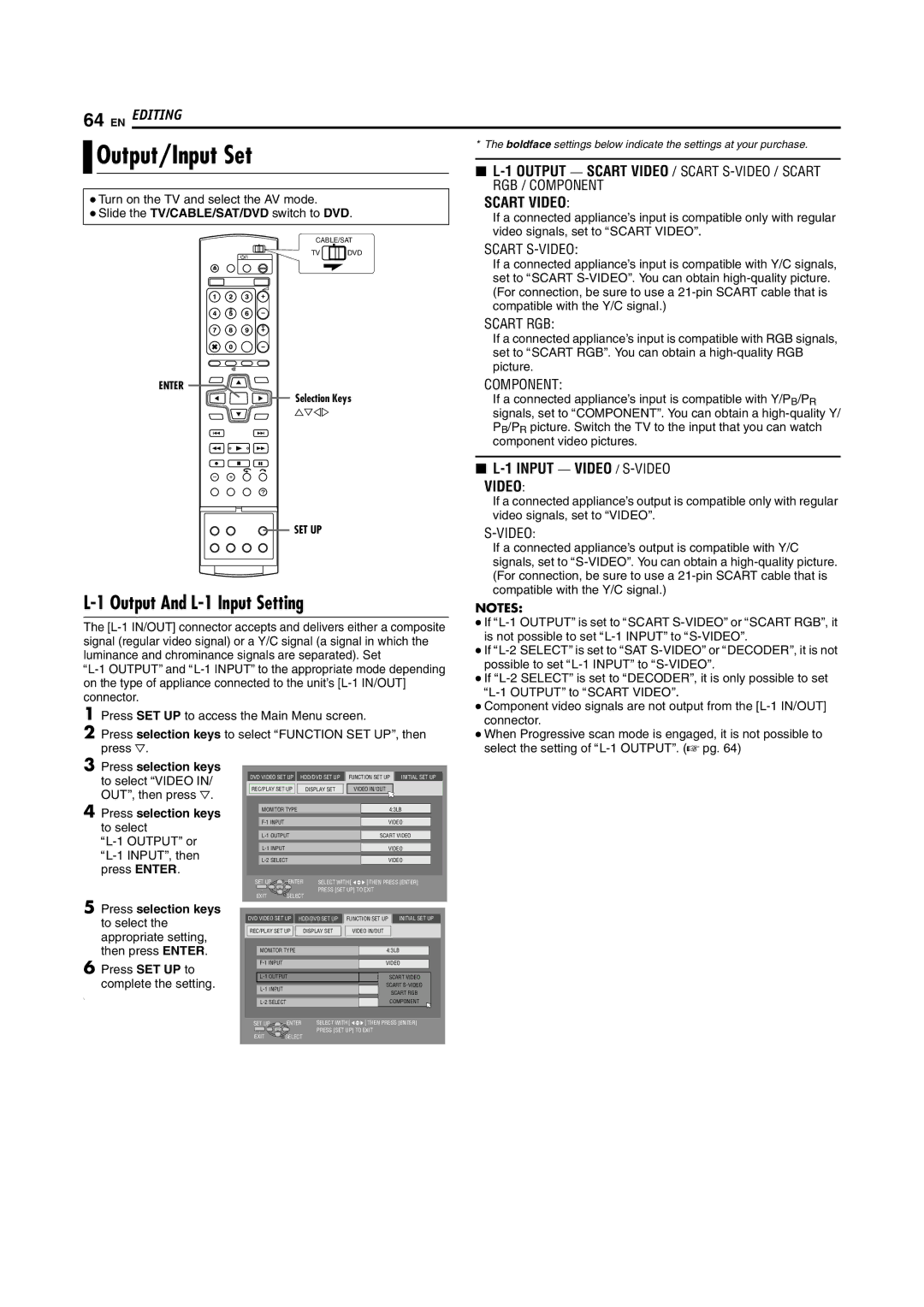 JVC DR-MH200SE manual Output/Input Set, Output And L-1 Input Setting, Video signals, set to Ascart Videob 