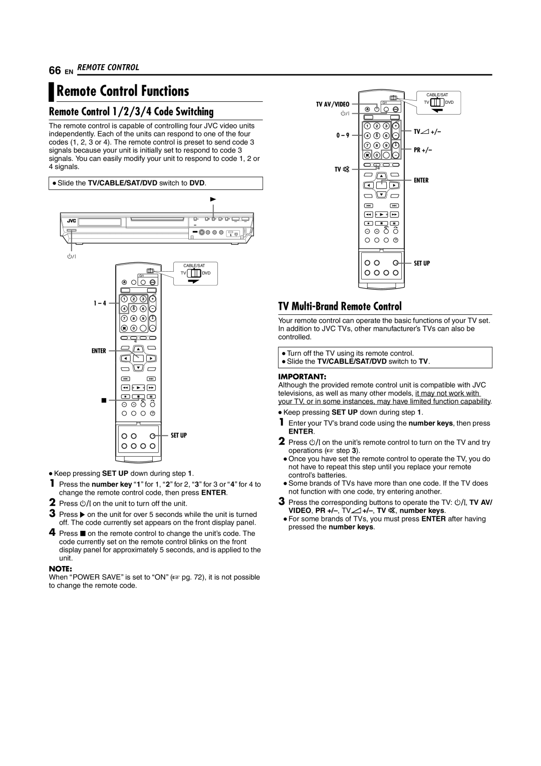 JVC DR-MH200SE manual Remote Control Functions, Remote Control 1/2/3/4 Code Switching, TV Multi-Brand Remote Control 