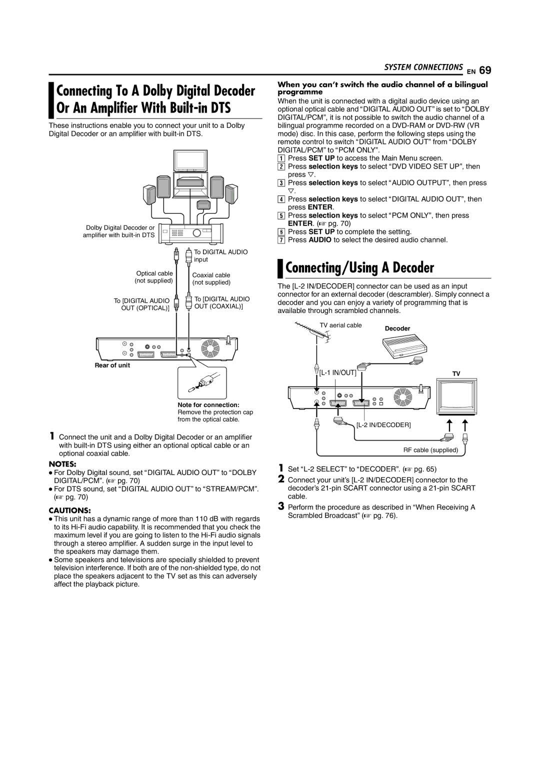 JVC DR-MH200SE manual Connecting/Using a Decoder, When you can’t switch the audio channel of a bilingual, Programme 