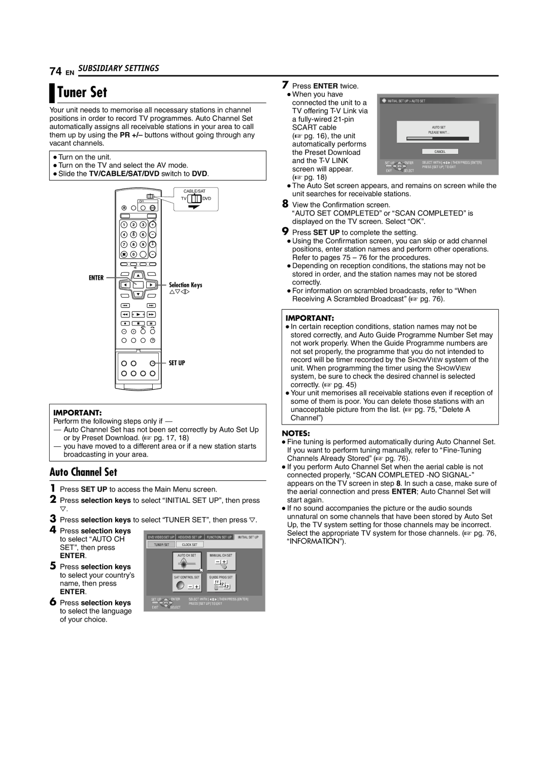 JVC DR-MH200SE manual Tuner Set, Auto Channel Set 