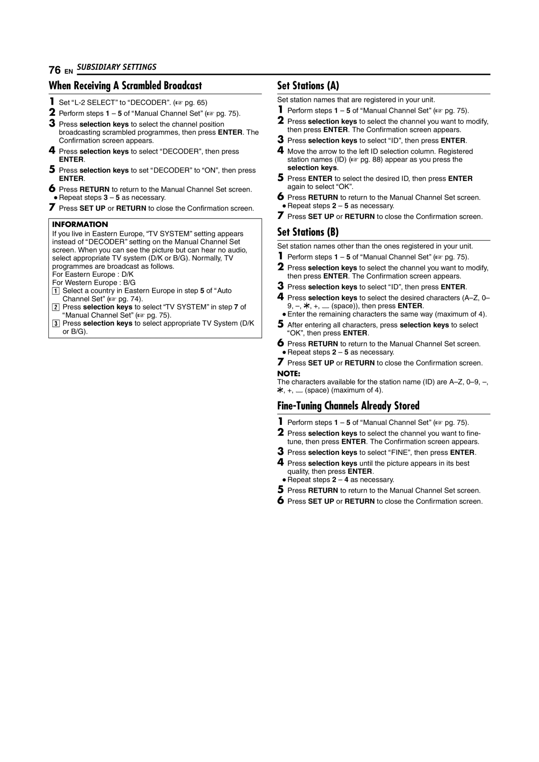 JVC DR-MH200SE When Receiving a Scrambled Broadcast, Set Stations B, Fine-Tuning Channels Already Stored, Set Stations a 