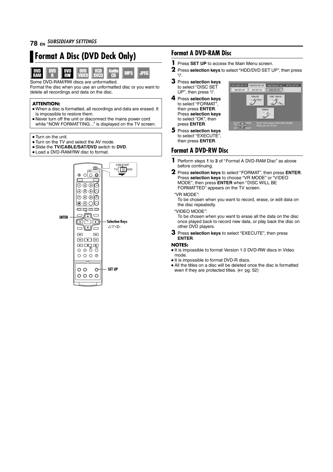 JVC DR-MH200SE manual Format a DVD-RAM Disc, Format a DVD-RW Disc, Is impossible to restore them 