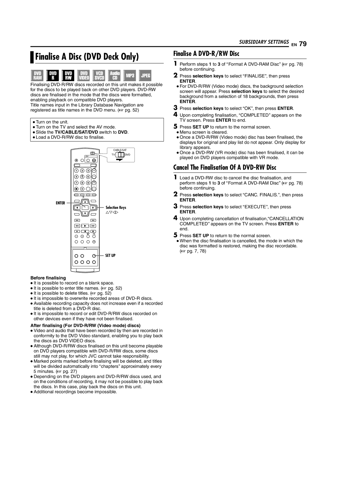 JVC DR-MH200SE manual Finalise a Disc DVD Deck Only, Finalise a DVD-R/RW Disc, Cancel The Finalisation Of a DVD-RW Disc 