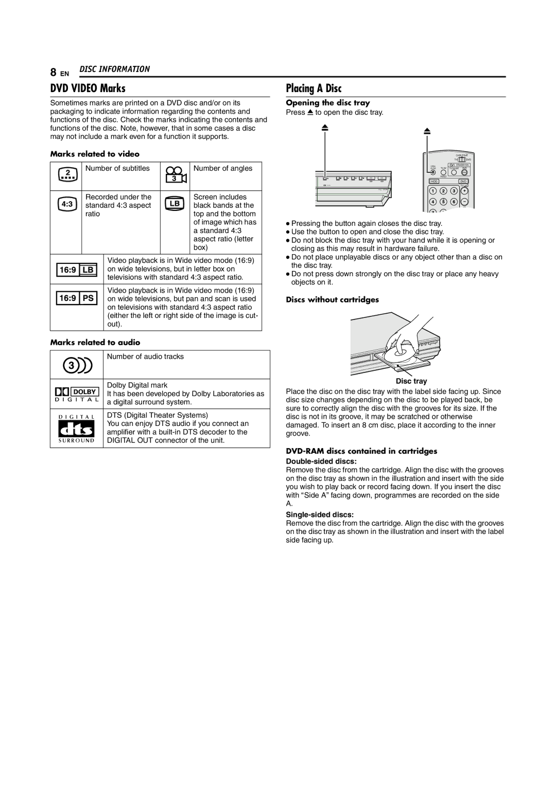 JVC DR-MH200SE manual DVD Video Marks, Placing a Disc 