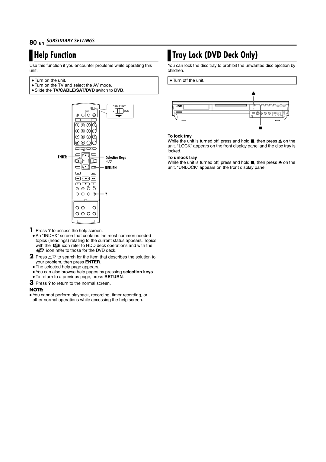 JVC DR-MH200SE manual Help Function, Tray Lock DVD Deck Only, To lock tray, To unlock tray 