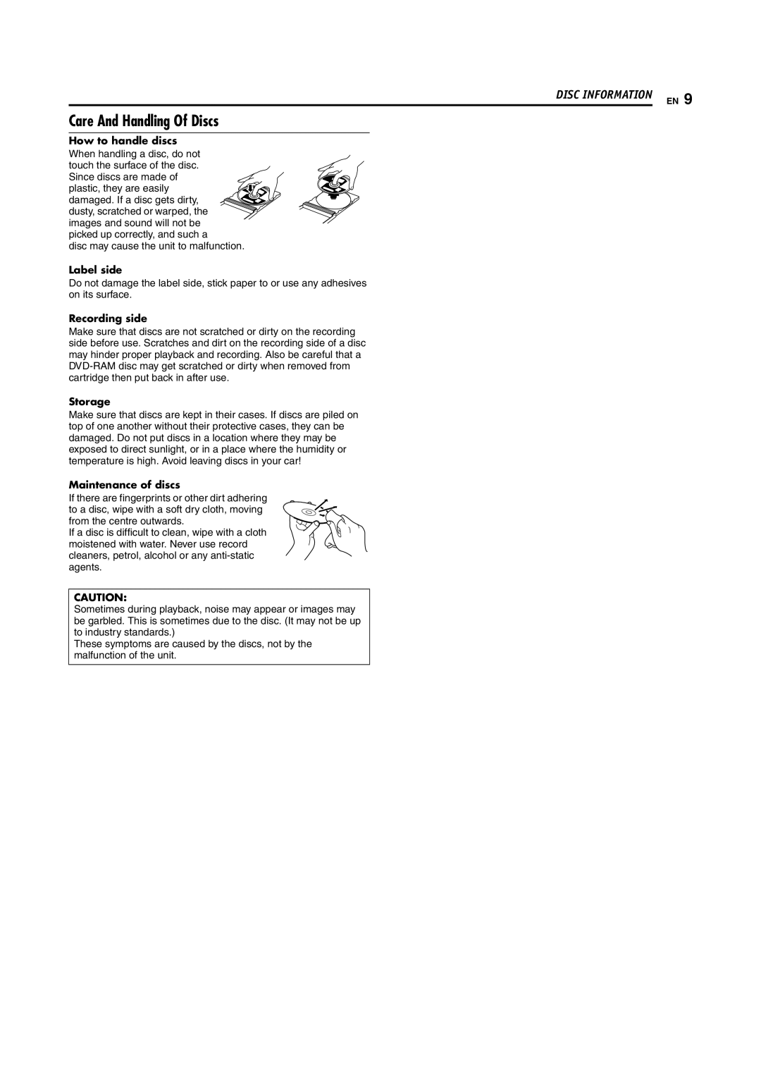 JVC DR-MH200SE manual Care And Handling Of Discs, Label side, Recording side, Storage, Maintenance of discs 