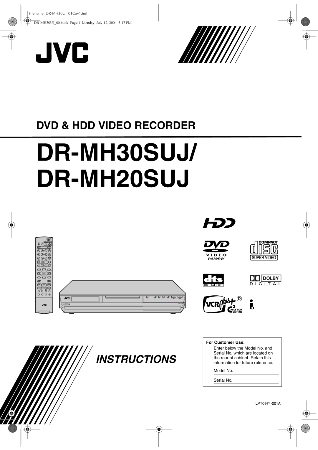 JVC DR-MH30SUJ, DR-MH20SUJ manual For Customer Use, Model No Serial No 