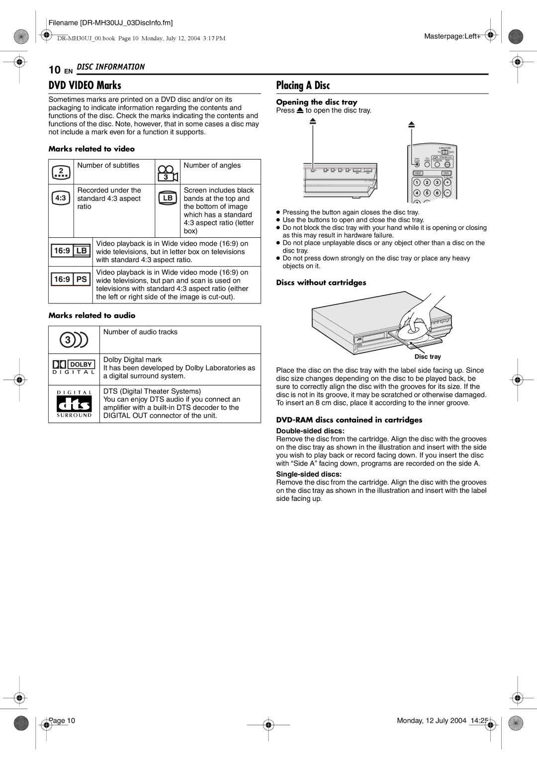 JVC DR-MH20SUJ, DR-MH30SUJ manual DVD Video Marks 