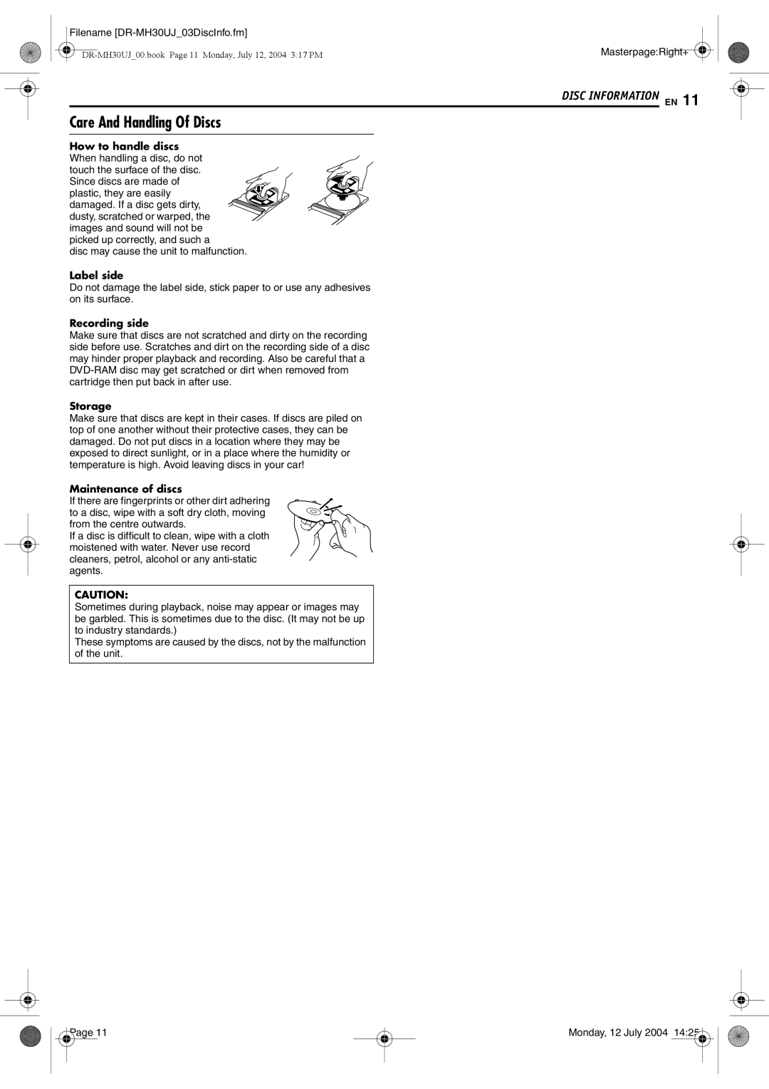 JVC DR-MH30SUJ, DR-MH20SUJ manual Care And Handling Of Discs, Label side, Recording side, Storage, Maintenance of discs 