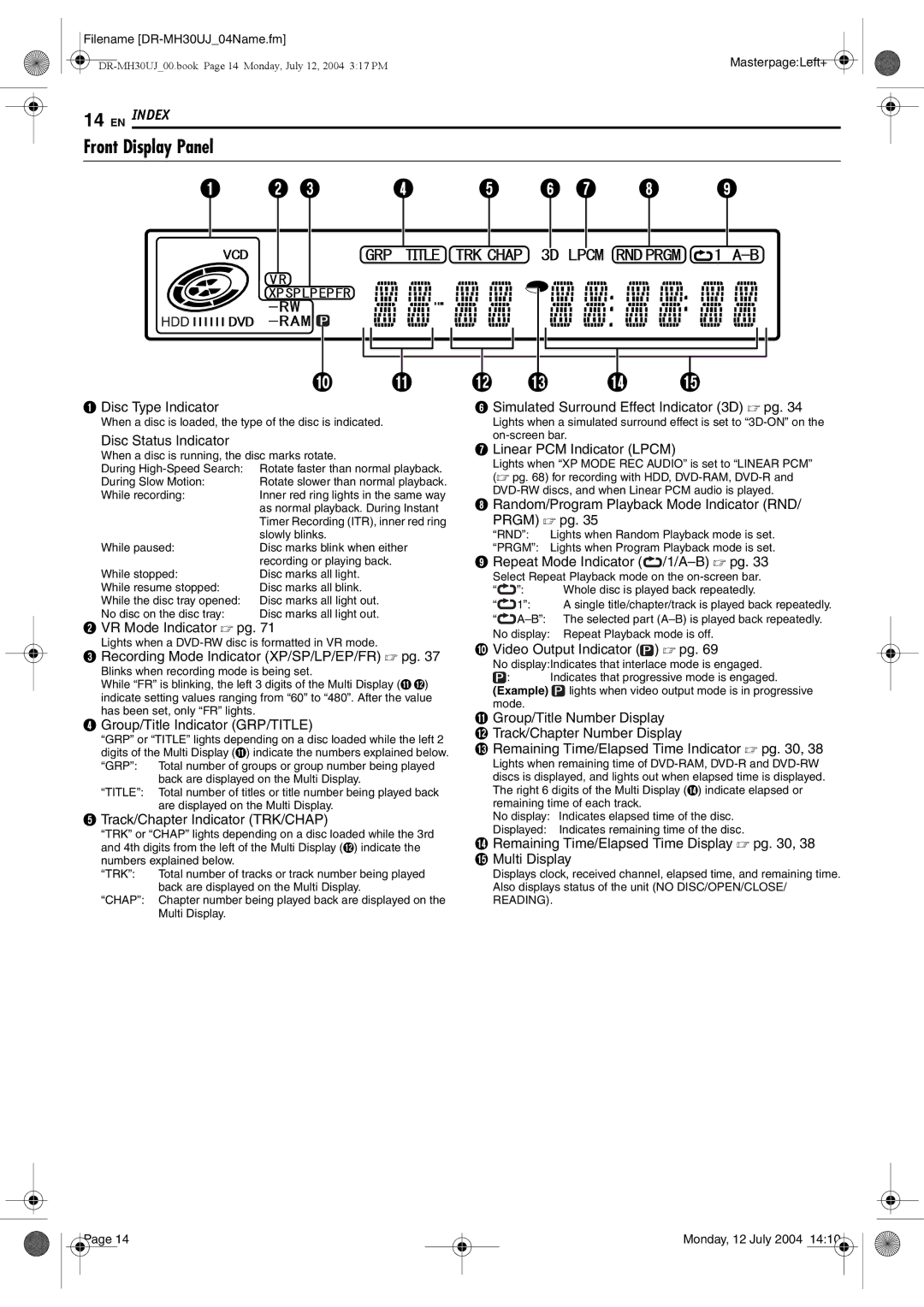 JVC DR-MH20SUJ, DR-MH30SUJ manual Front Display Panel 