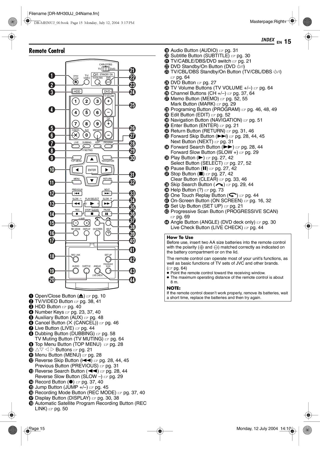 JVC DR-MH30SUJ, DR-MH20SUJ manual Remote Control, How To Use,  pg 