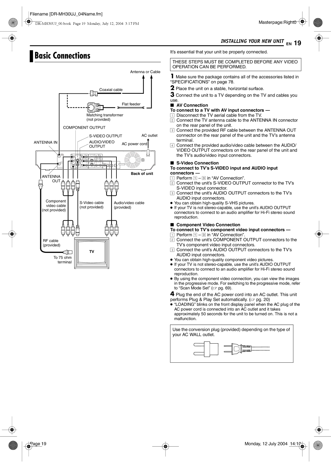 JVC DR-MH30SUJ, DR-MH20SUJ manual Basic Connections, AV Connection, To connect to a TV with AV input connectors 