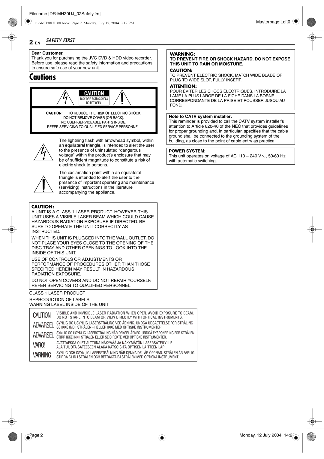 JVC DR-MH20SUJ, DR-MH30SUJ manual Filename DR-MH30UJ02Safety.fm, Dear Customer, Monday, 12 July 2004, MasterpageLeft0 