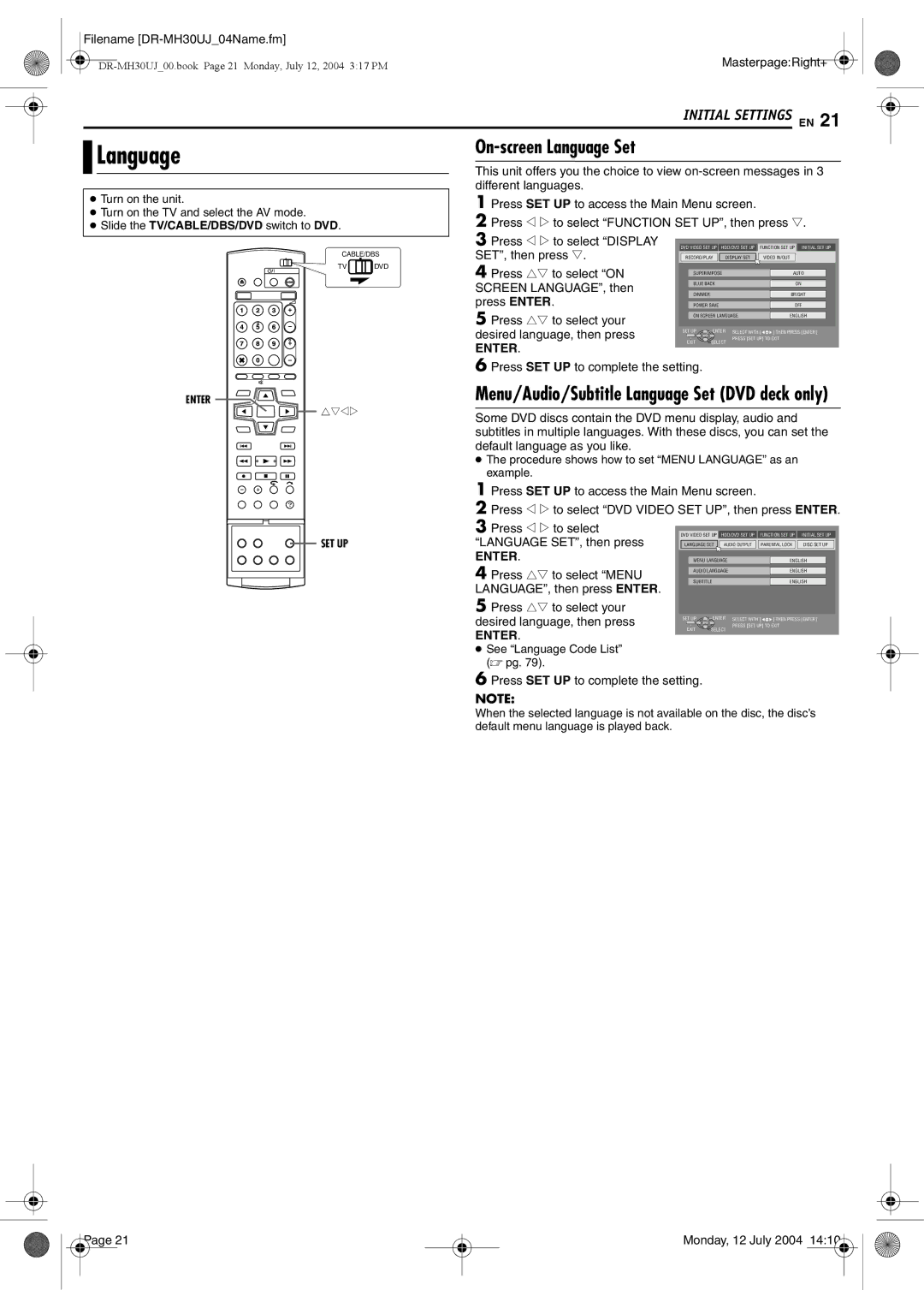 JVC DR-MH30SUJ, DR-MH20SUJ manual On-screen Language Set 