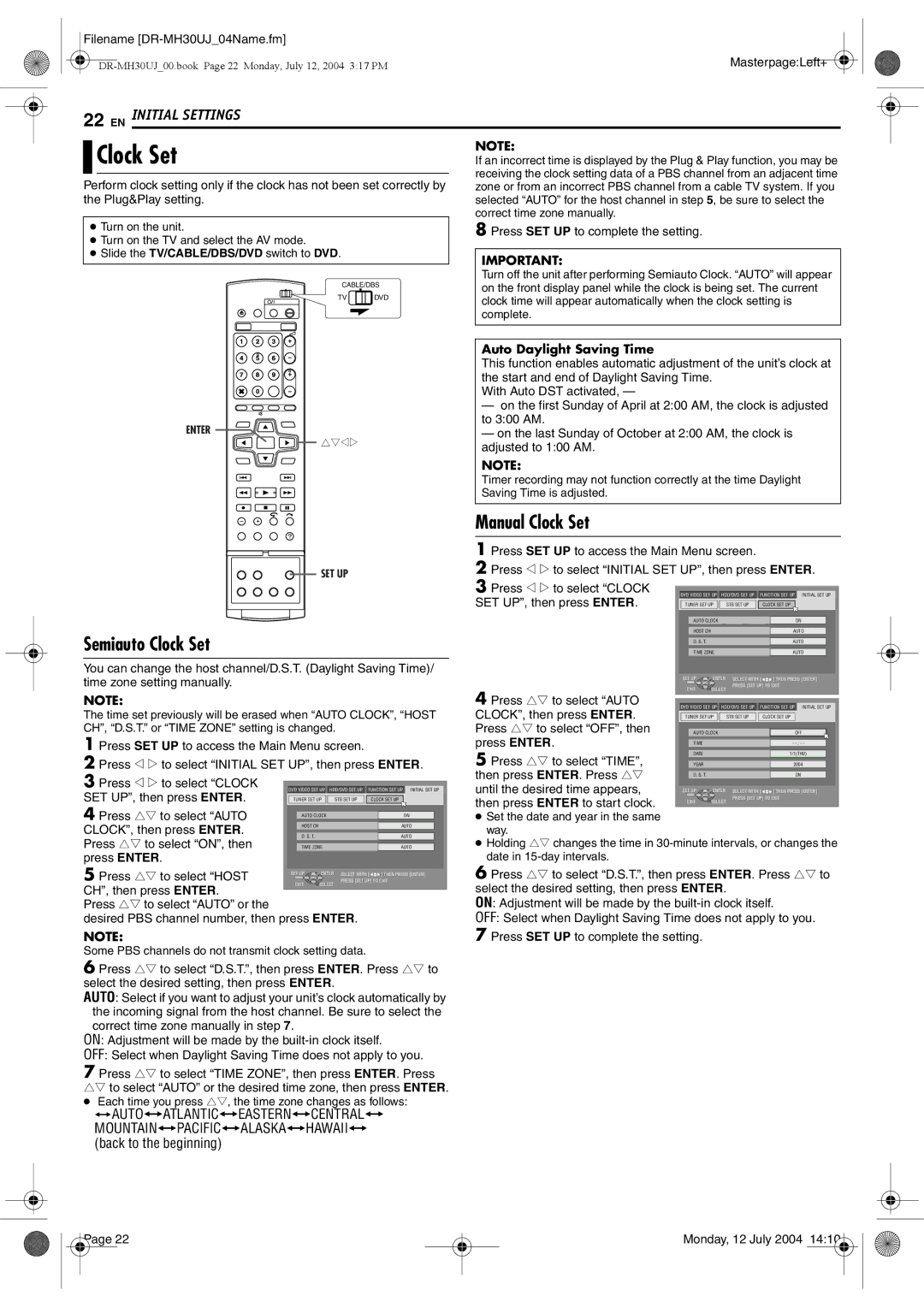 JVC DR-MH20SUJ, DR-MH30SUJ manual Semiauto Clock Set Manual Clock Set, Auto Daylight Saving Time 