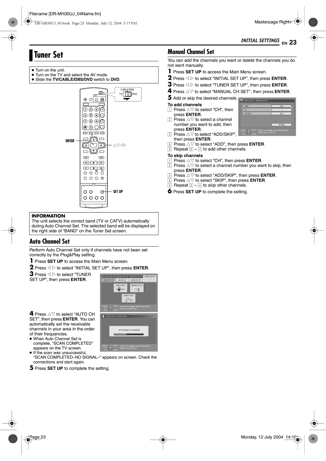 JVC DR-MH30SUJ, DR-MH20SUJ manual Tuner Set, Auto Channel Set, Manual Channel Set, To add channels, To skip channels 