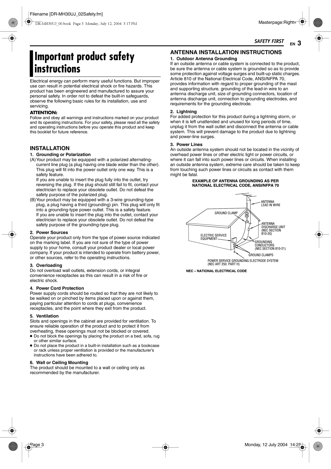 JVC DR-MH30SUJ Outdoor Antenna Grounding, Lightning, Power Lines, Grounding or Polarization, Power Sources, Overloading 