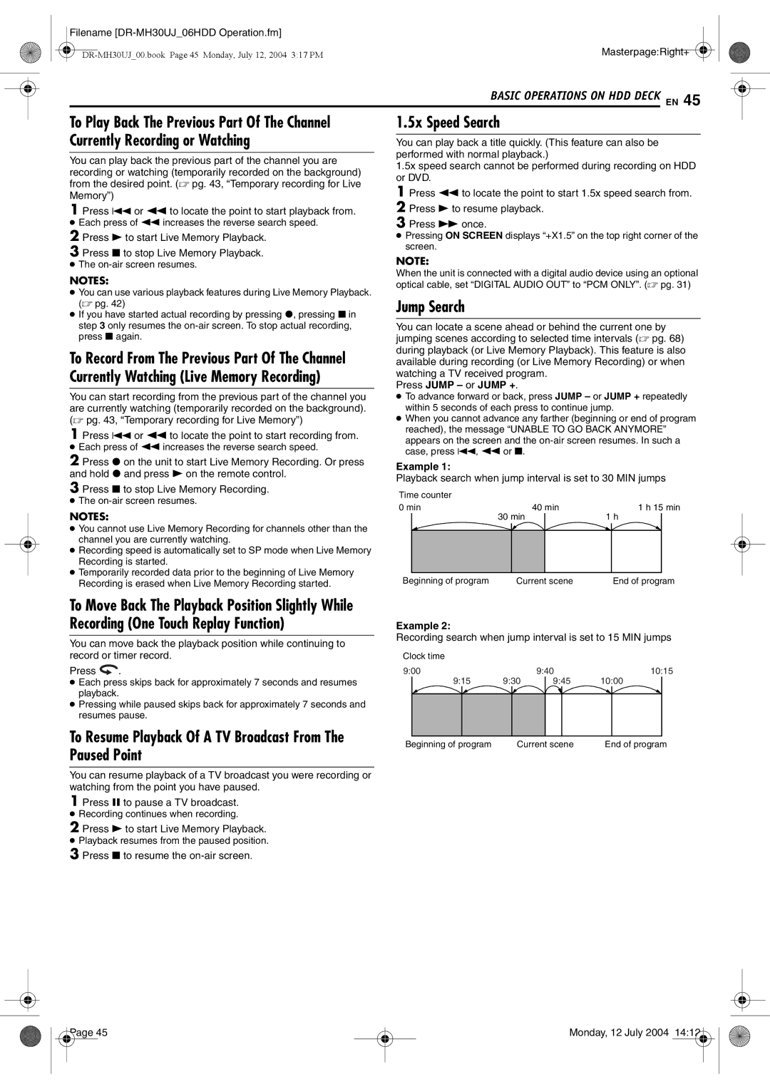 JVC DR-MH30SUJ, DR-MH20SUJ manual 5x Speed Search, Jump Search, To Resume Playback Of a TV Broadcast From The Paused Point 