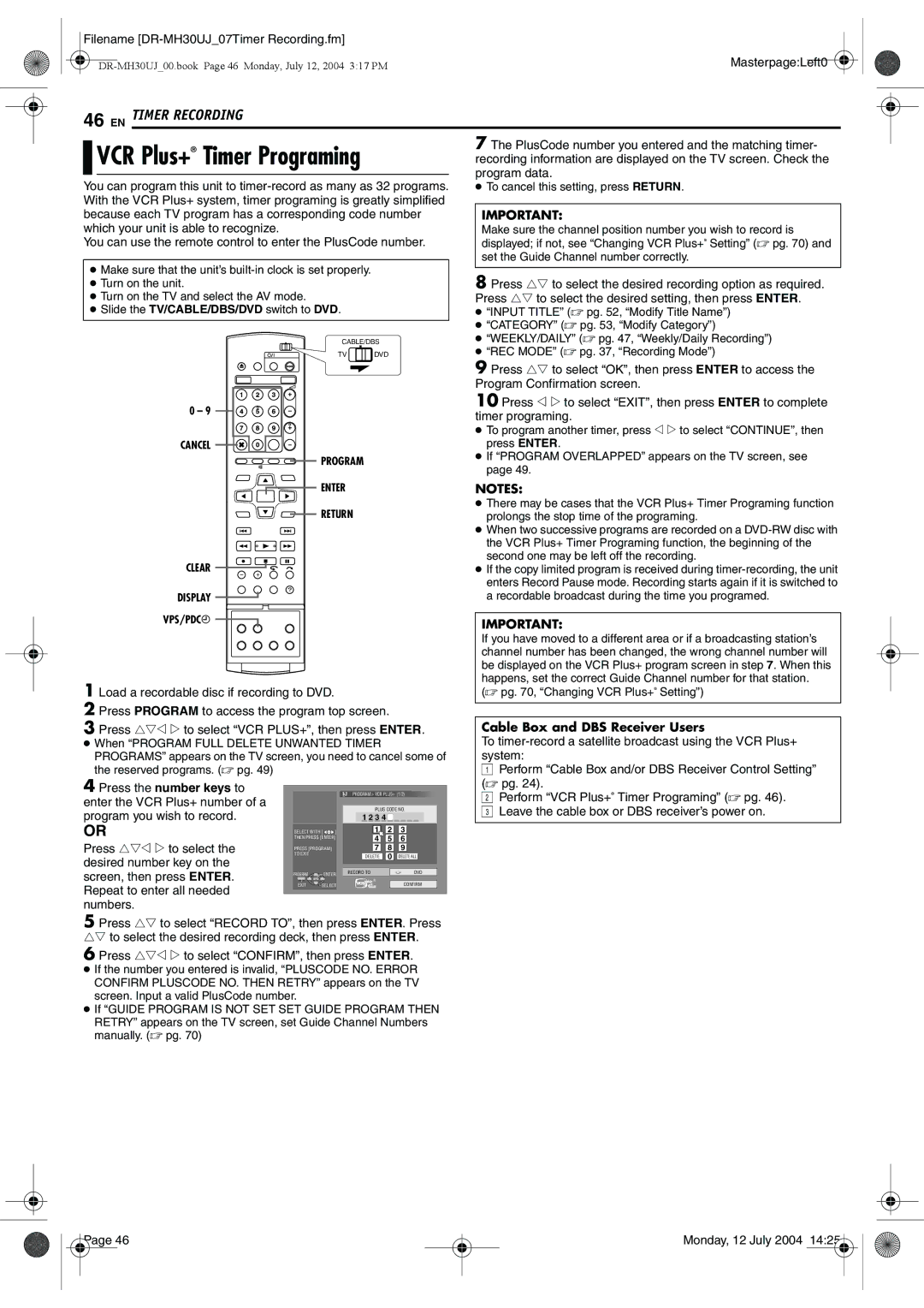 JVC DR-MH20SUJ, DR-MH30SUJ manual Cable Box and DBS Receiver Users 