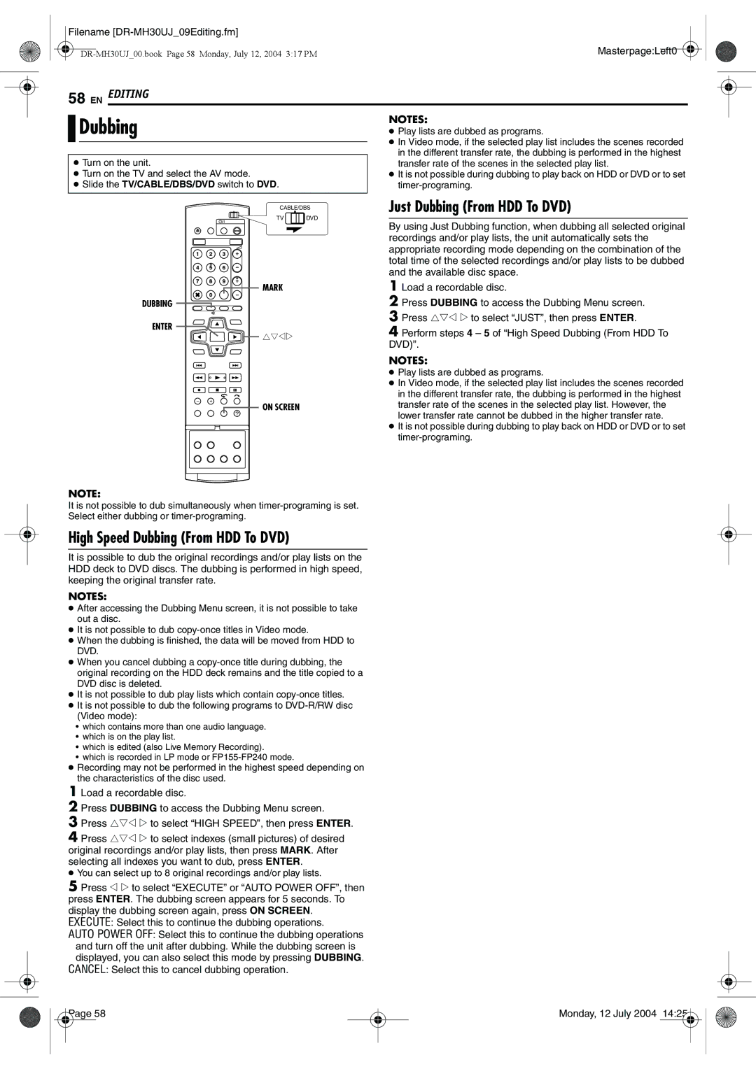 JVC DR-MH20SUJ, DR-MH30SUJ manual Just Dubbing From HDD To DVD, High Speed Dubbing From HDD To DVD 