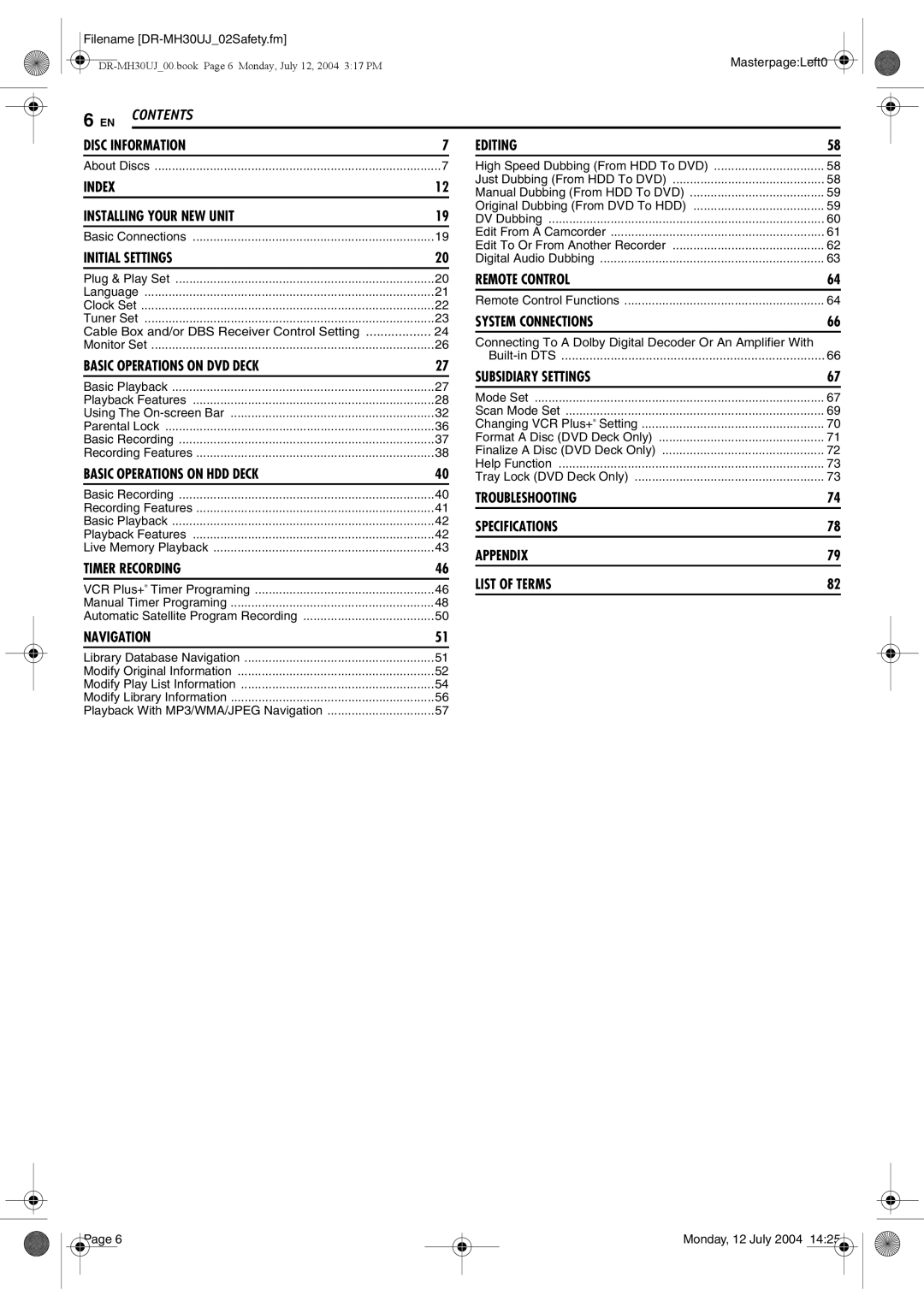 JVC DR-MH20SUJ, DR-MH30SUJ manual Contents 