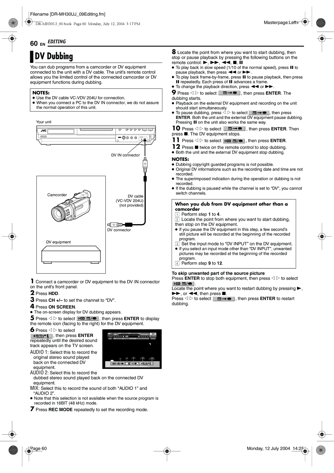 JVC DR-MH20SUJ manual When you dub from DV equipment other than a camcorder, To skip unwanted part of the source picture 