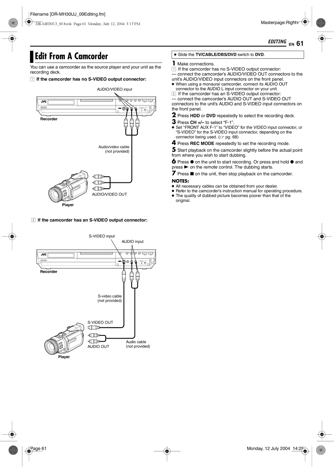 JVC DR-MH30SUJ, DR-MH20SUJ manual Edit From a Camcorder, If the camcorder has no S-VIDEO output connector 