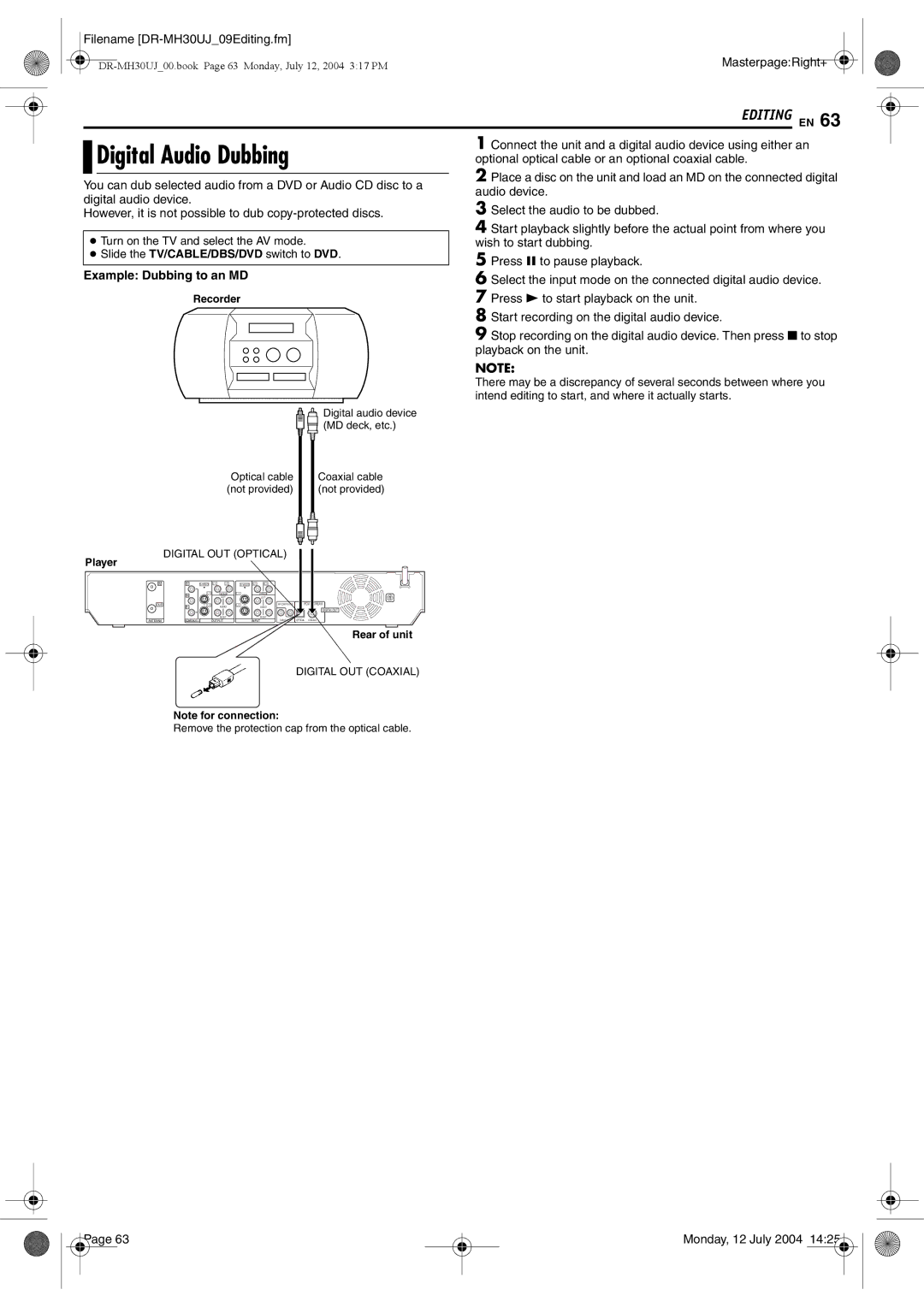 JVC DR-MH30SUJ, DR-MH20SUJ manual Example Dubbing to an MD 