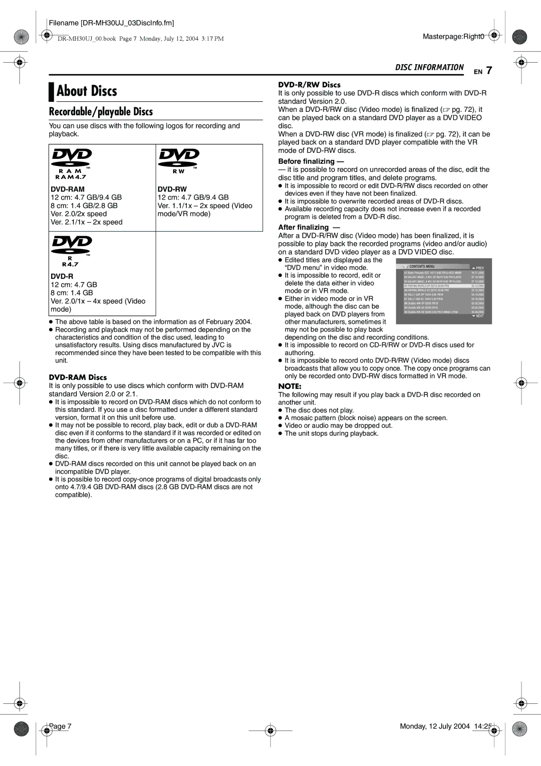 JVC DR-MH30SUJ, DR-MH20SUJ manual About Discs, Recordable/playable Discs, DVD-RAM Discs, DVD-R/RW Discs 