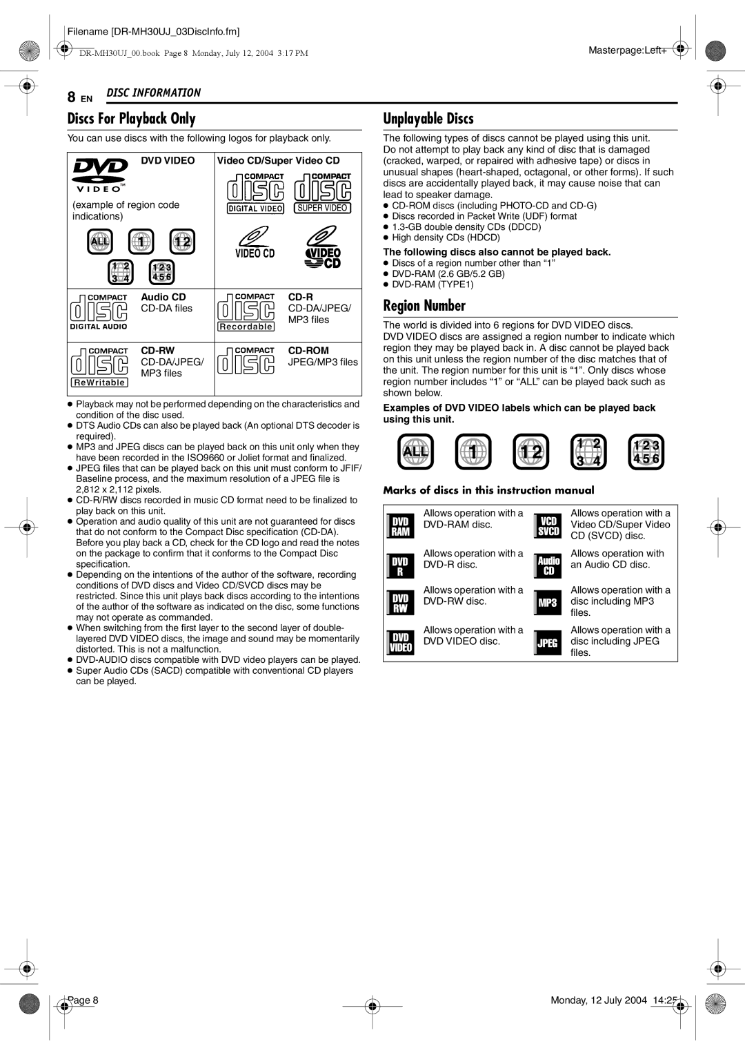 JVC DR-MH20SUJ, DR-MH30SUJ manual Discs For Playback Only, Region Number, Video CD/Super Video CD, Audio CD 