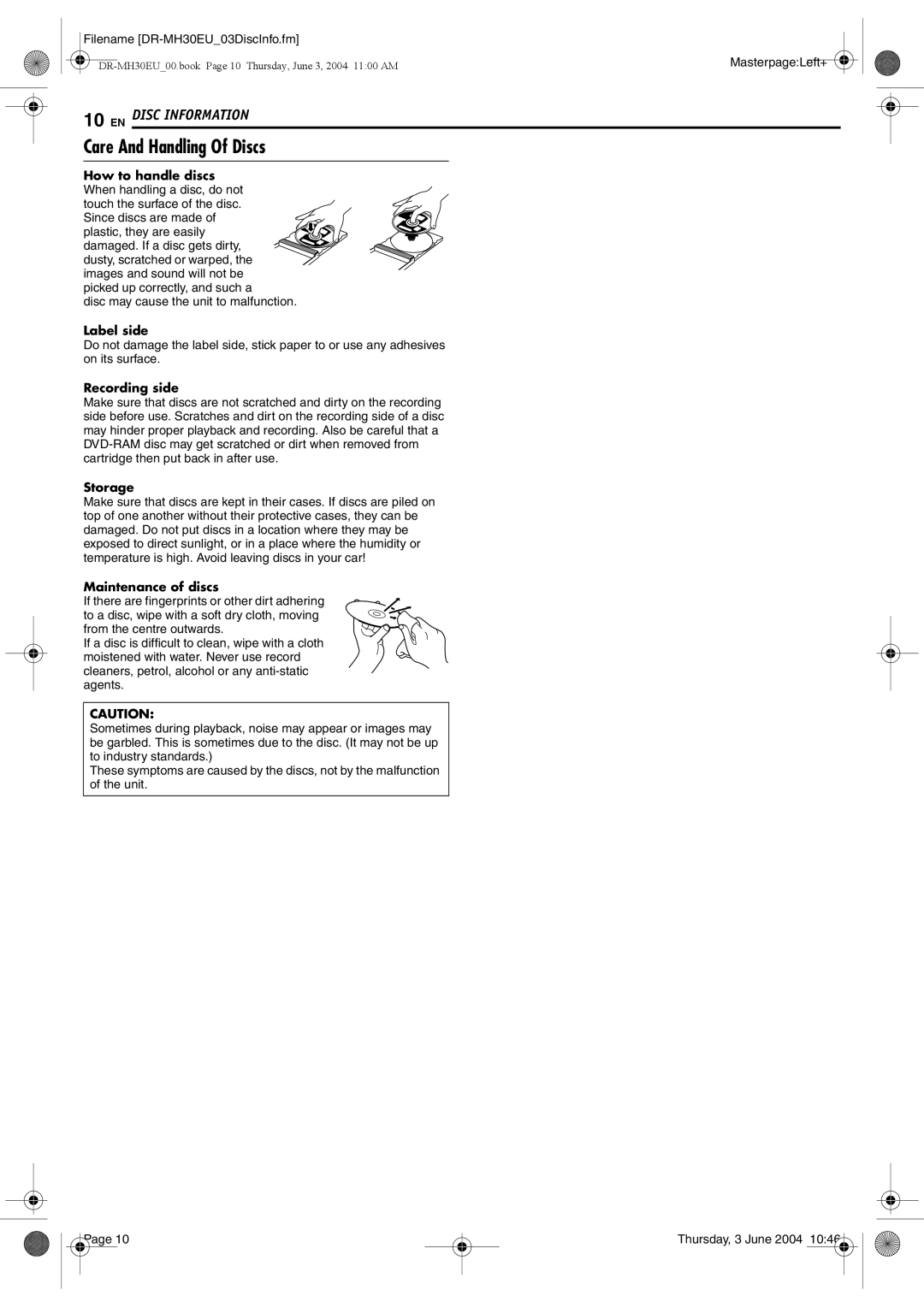 JVC DR-MH30B, DR-MH20B manual Care And Handling Of Discs, Label side, Recording side, Storage, Maintenance of discs 