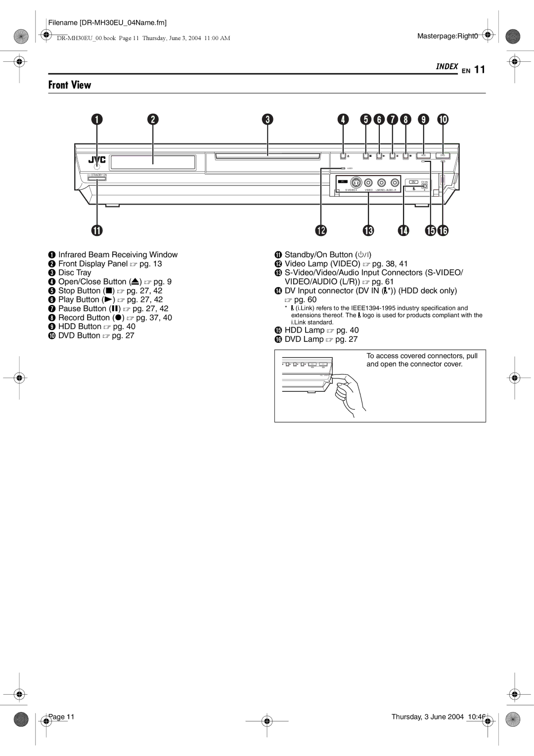 JVC DR-MH20B, DR-MH30B manual Front View, Filename DR-MH30EU04Name.fm, MasterpageRight0, Open the connector cover 