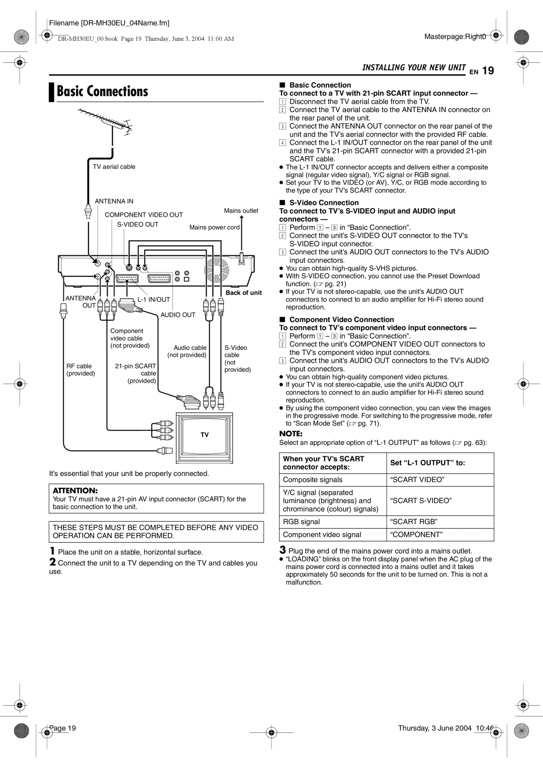 JVC DR-MH20B, DR-MH30B manual Basic Connections, When your TV’s Scart Set L-1 Output to Connector accepts 