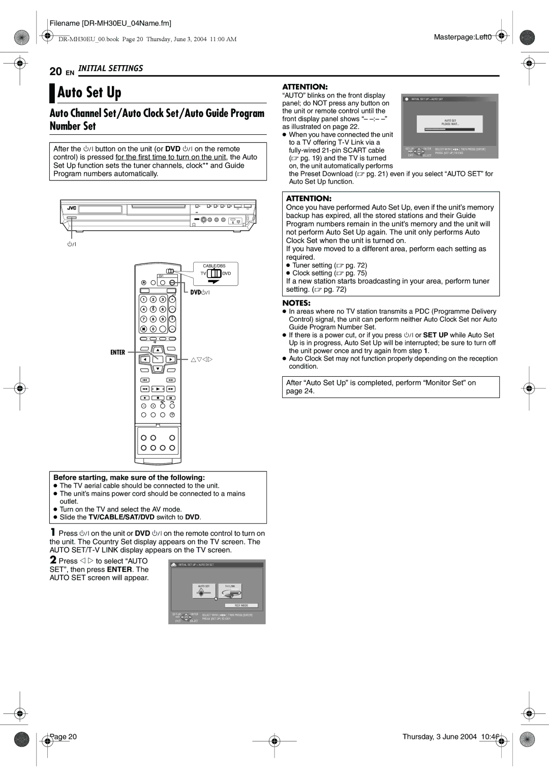 JVC DR-MH30B, DR-MH20B manual Auto Set Up, Number Set, Before starting, make sure of the following 