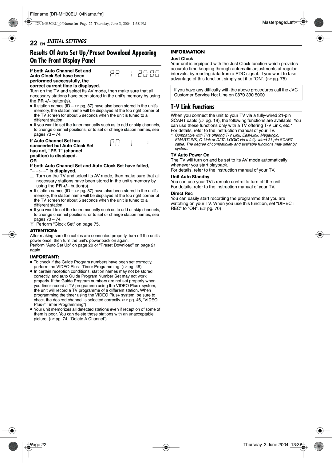 JVC DR-MH30B, DR-MH20B manual On The Front Display Panel, Link Functions 