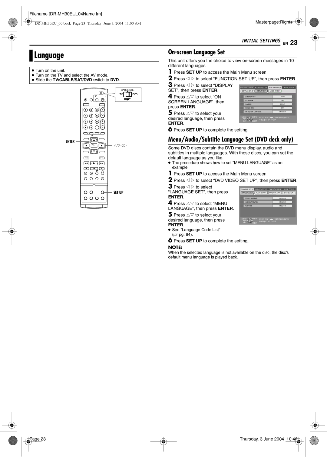 JVC DR-MH20B, DR-MH30B manual On-screen Language Set 