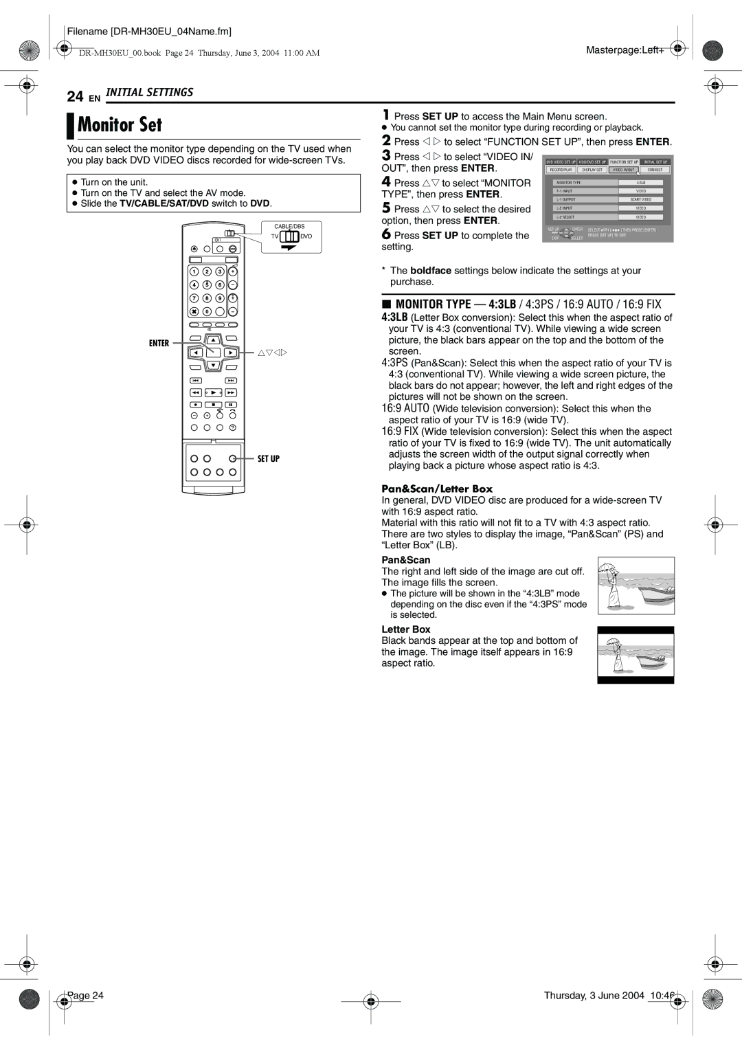 JVC DR-MH30B, DR-MH20B manual Monitor Set, OUT, then press Enter, Pan&Scan/Letter Box 