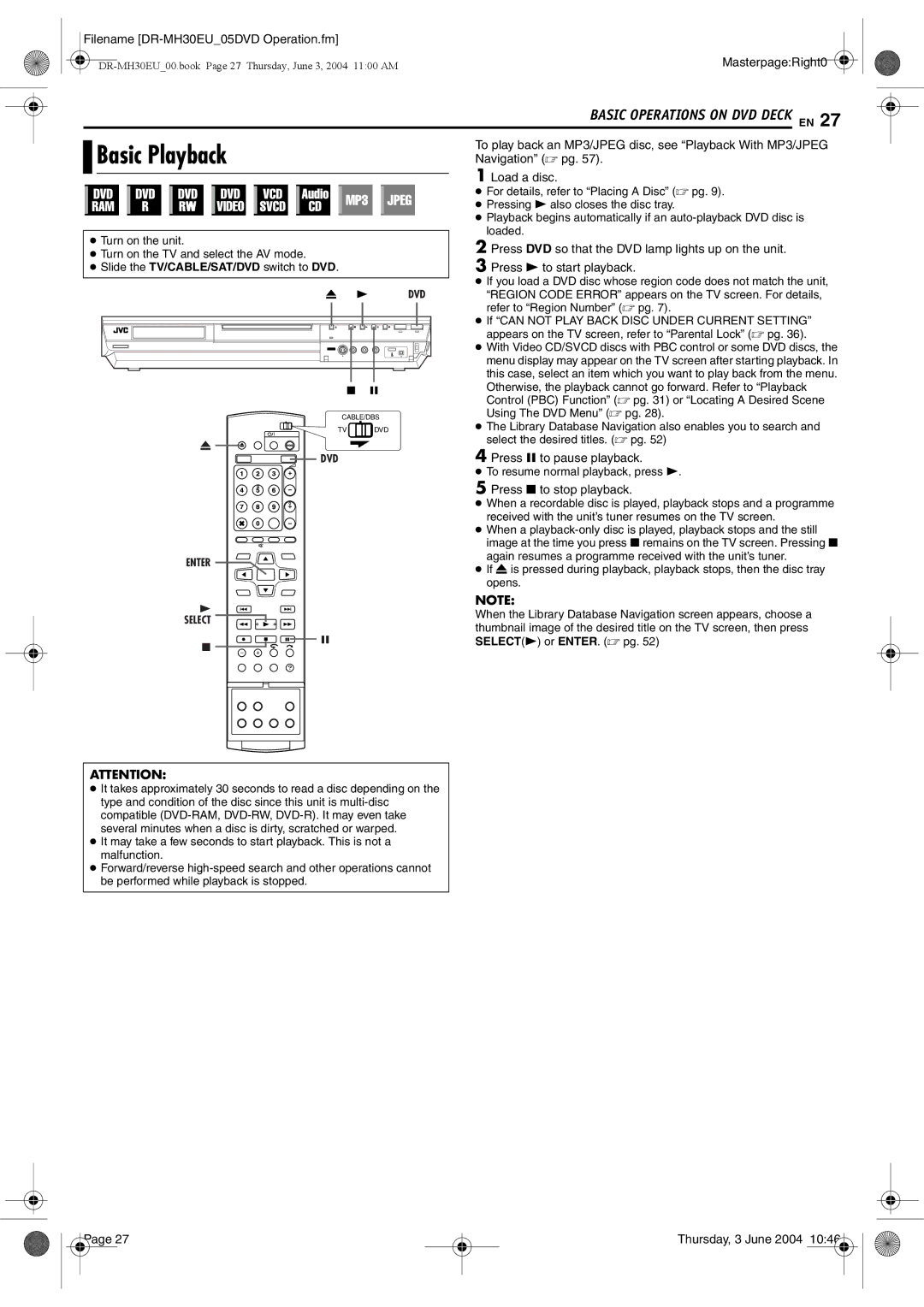 JVC DR-MH20B, DR-MH30B manual Basic Playback 