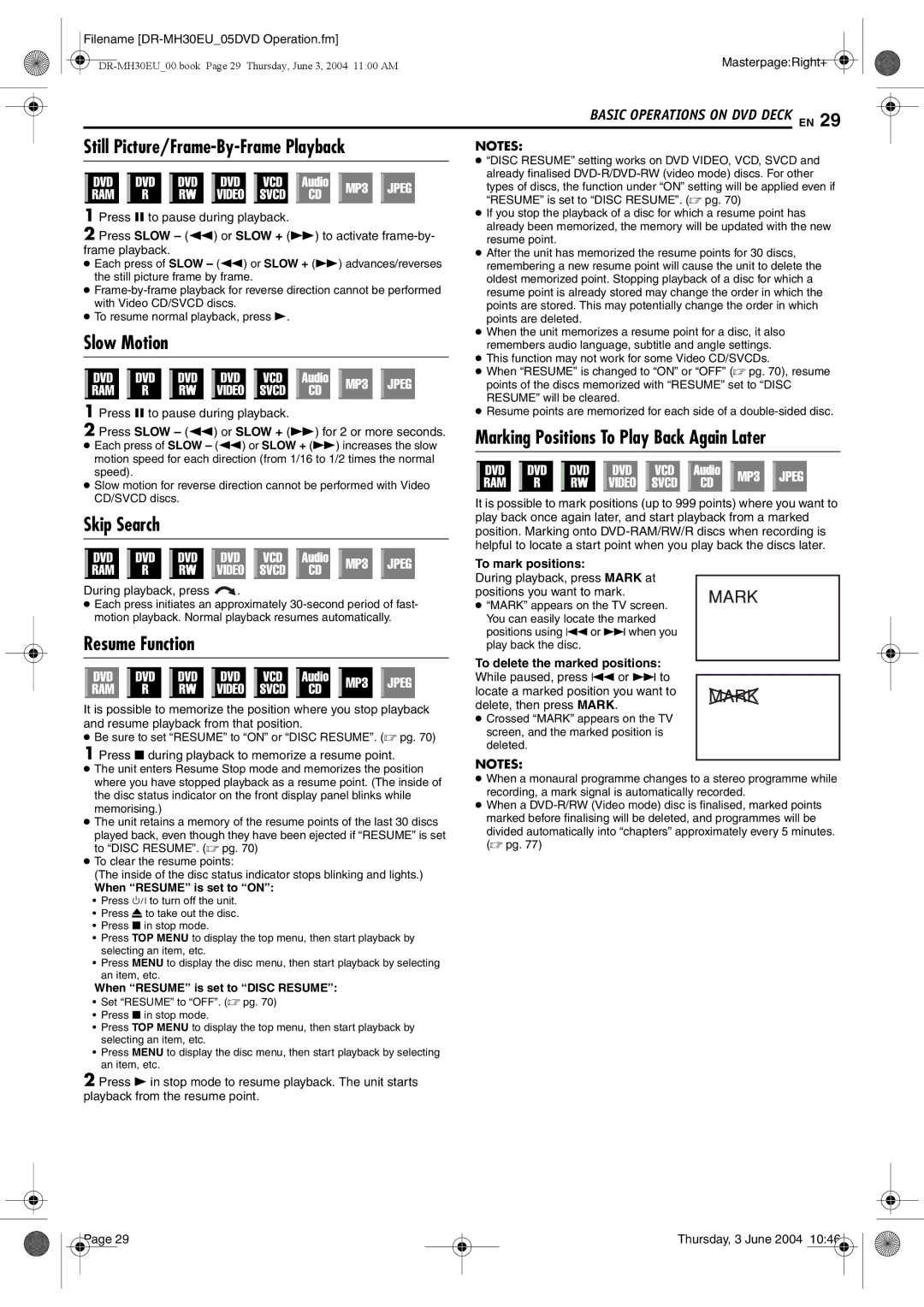 JVC DR-MH20B, DR-MH30B manual Still Picture/Frame-By-Frame Playback, Slow Motion, Skip Search, To mark positions 