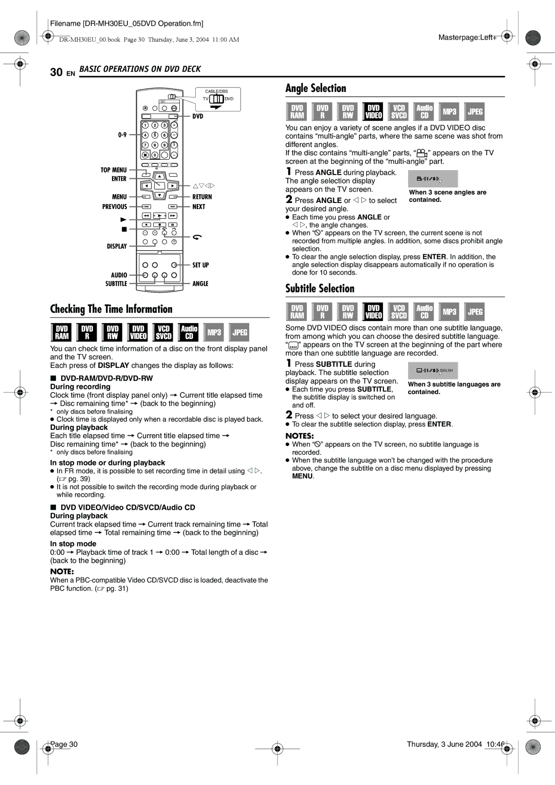 JVC DR-MH30B, DR-MH20B manual Angle Selection, Checking The Time Information, Subtitle Selection 