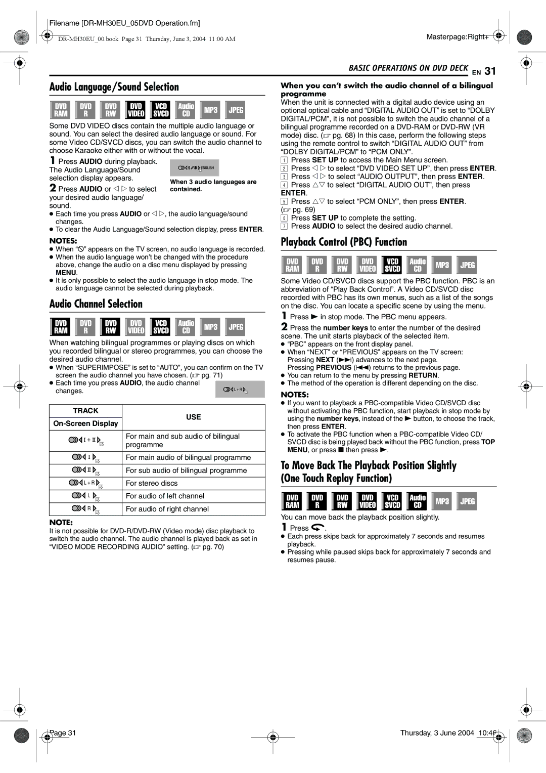 JVC DR-MH20B, DR-MH30B manual Audio Language/Sound Selection, Playback Control PBC Function, Audio Channel Selection 