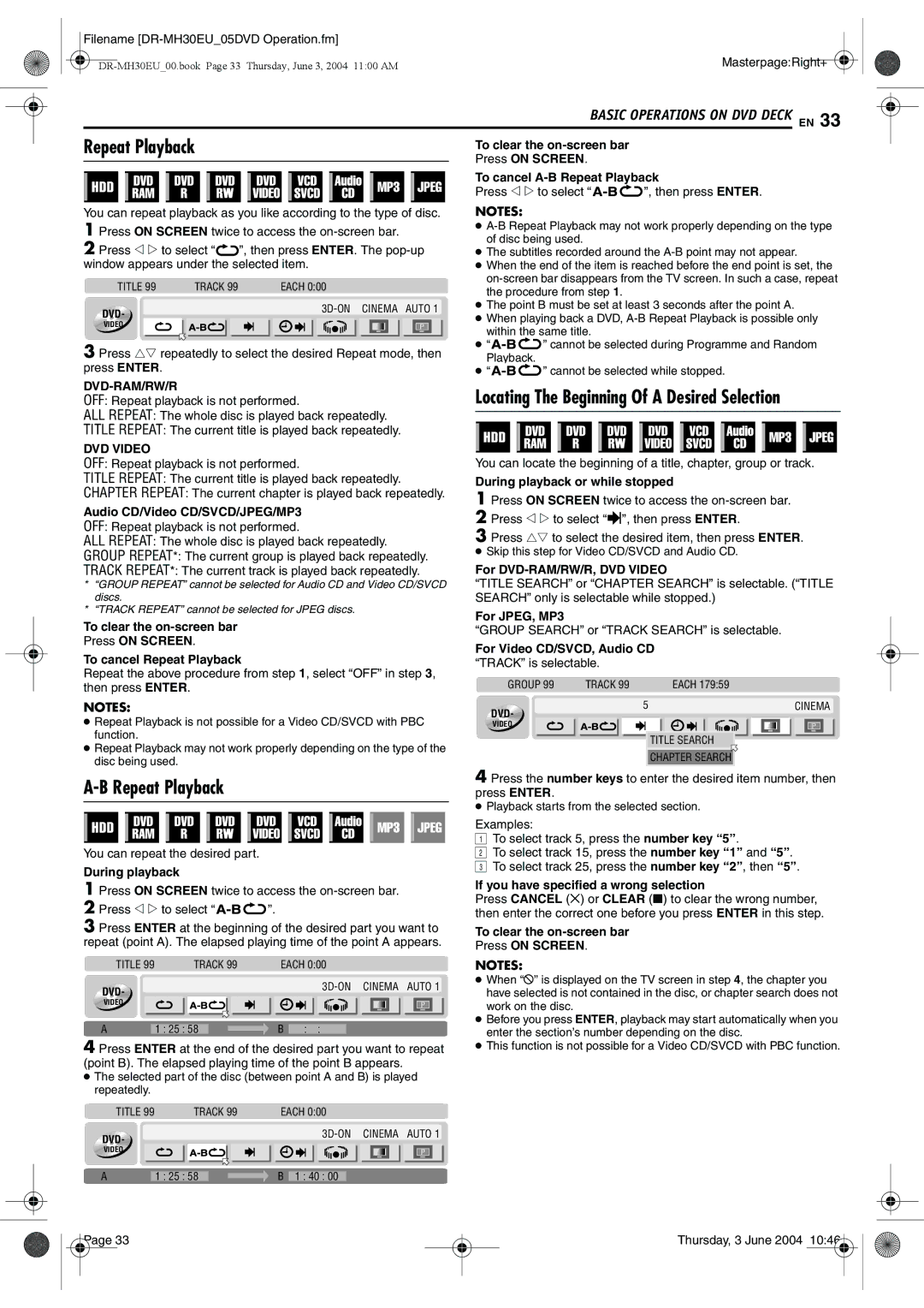 JVC DR-MH20B, DR-MH30B manual Repeat Playback 