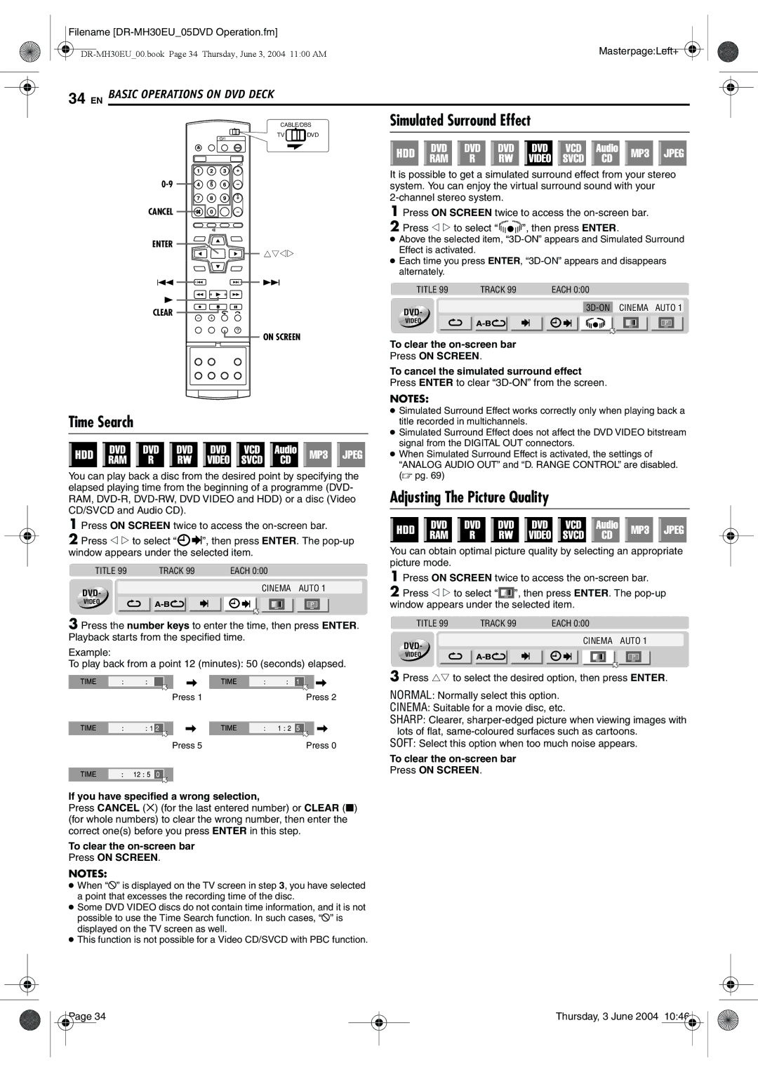 JVC DR-MH30B, DR-MH20B manual Simulated Surround Effect, Time Search, Adjusting The Picture Quality 