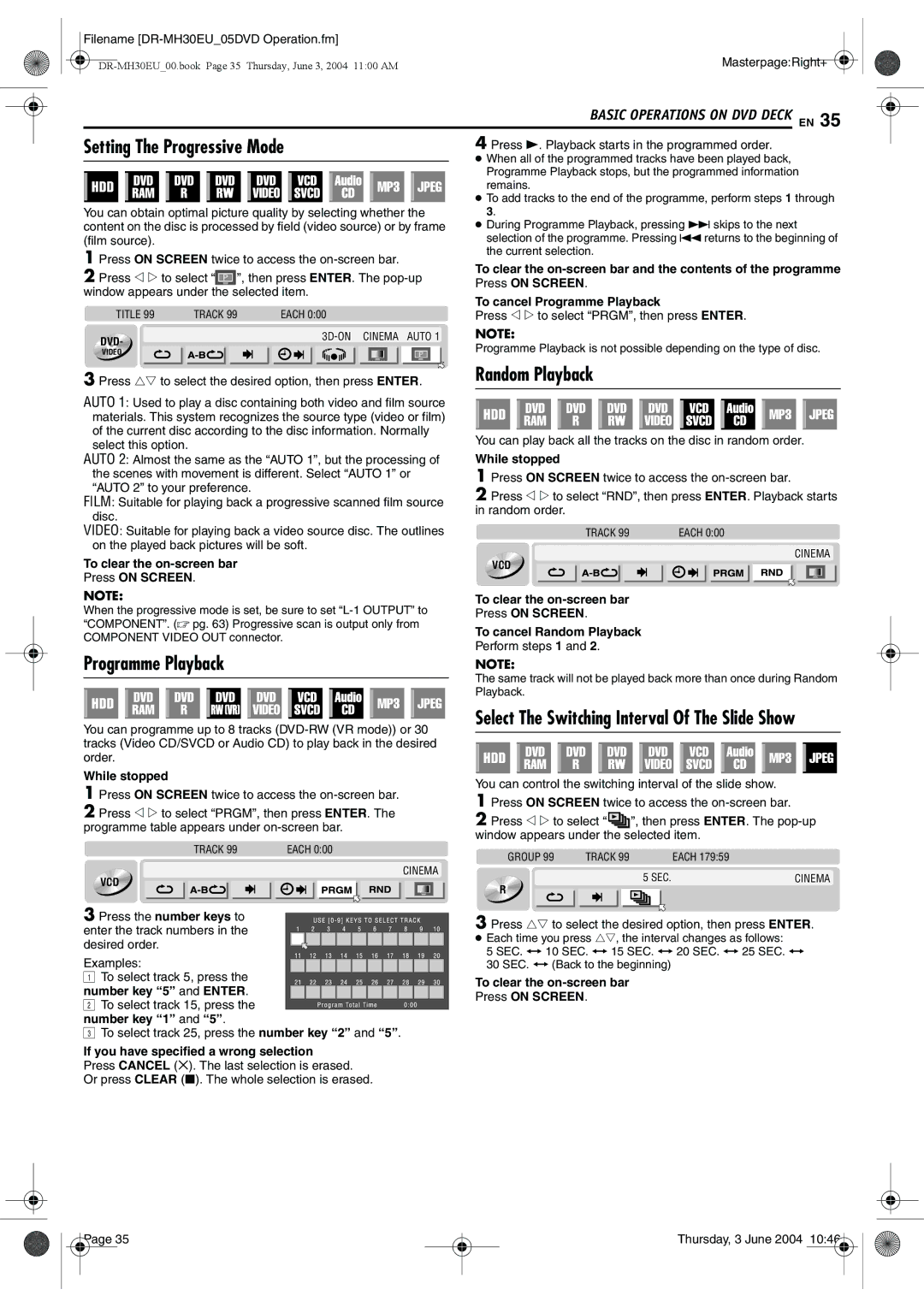 JVC DR-MH20B, DR-MH30B manual Setting The Progressive Mode, Random Playback, Programme Playback 