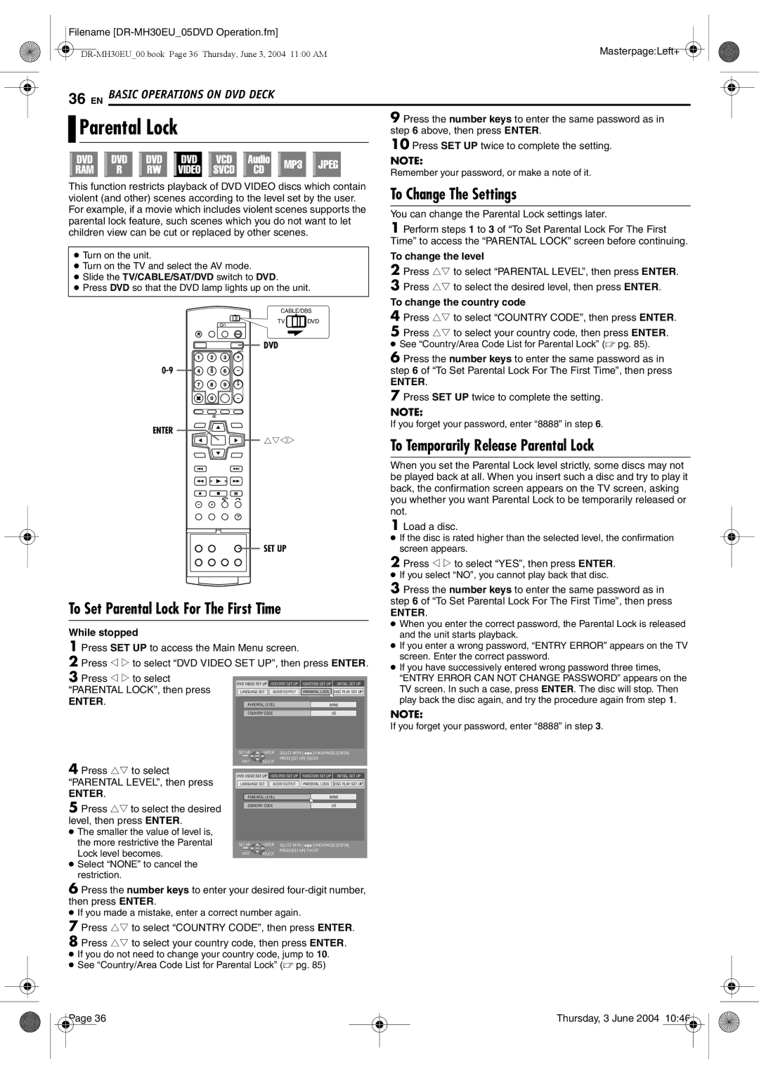 JVC DR-MH30B To Change The Settings, To Set Parental Lock For The First Time, To Temporarily Release Parental Lock 